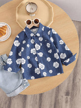1pc Girls Casual Navy Faux Denim Floral Print Contrast Color Pocket Long Sleeve Shirt, Fall Twinning Set